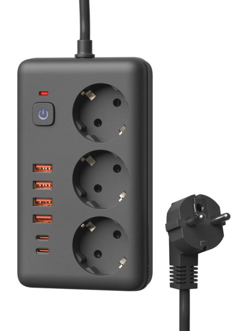 Удлинитель с сетевым фильтром 3х3м 10А 4USB + 2USBC 2500Вт ПВС 3х1 прямоуг. черн. КОСМОС FKsm3m-3gPF(B)USB FKsm3m-3gPF(B)USB