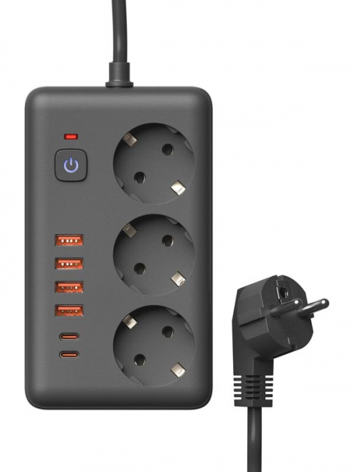 Удлинитель с сетевым фильтром 3х3м 10А 4USB + 2USBC 2500Вт ПВС 3х1 прямоуг. черн. КОСМОС FKsm3m-3gPF(B)USB FKsm3m-3gPF(B)USB
