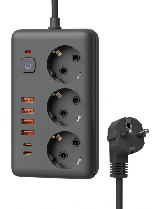 Удлинитель с сетевым фильтром 3х1.5м 10А 4USB + 2USBC 2500Вт ПВС 3х1 прямоуг. черн. КОСМОС FKsm1.5m-3gPF(B)USB FKsm1.5m-3gPF(B)USB