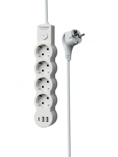 Удлинитель 3х5м с заземл. 10А IP20 USB 2500Вт 220В ПВС 3х1 с выкл. бел. КОСМОС YKsm5m4g-Z-VU10А-W YKsm5m4g-Z-VU10A-W