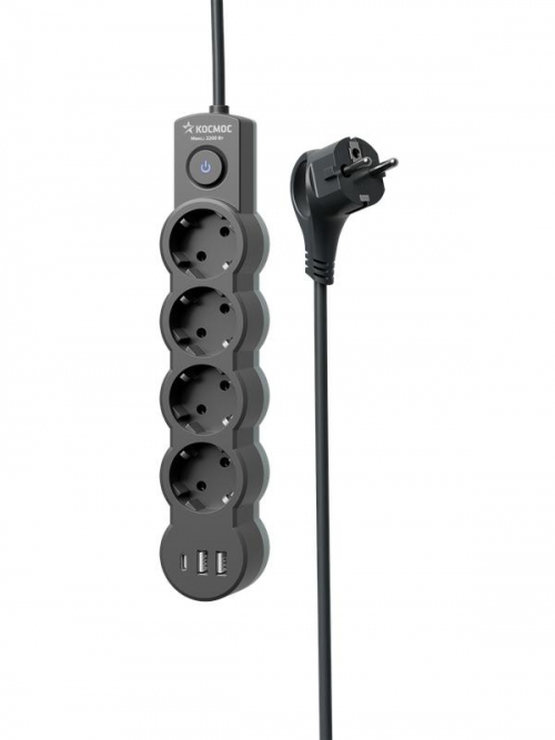 Удлинитель 3х5м с заземл. 10А IP20 USB 2500Вт 220В ПВС 3х1 с выкл. черн. КОСМОС YKsm5m4g-Z-VU10А-B YKsm5m4g-Z-VU10A-B