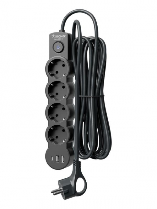 Удлинитель 3х3м с заземл. 10А IP20 USB 2500Вт 220В ПВС 3х1 с выкл. черн. КОСМОС YKsm3m4g-Z-VU10А-B YKsm3m4g-Z-VU10A-B