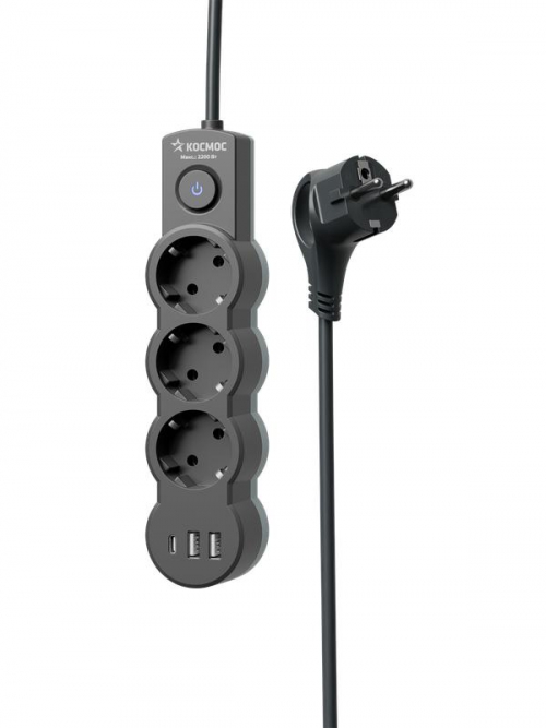 Удлинитель 3х5м с заземл. 10А IP20 USB 2800Вт 220В ПВС 3х1 с выкл. черн. КОСМОС YKsm5m3g-Z-VU10А-B YKsm5m3g-Z-VU10A-B