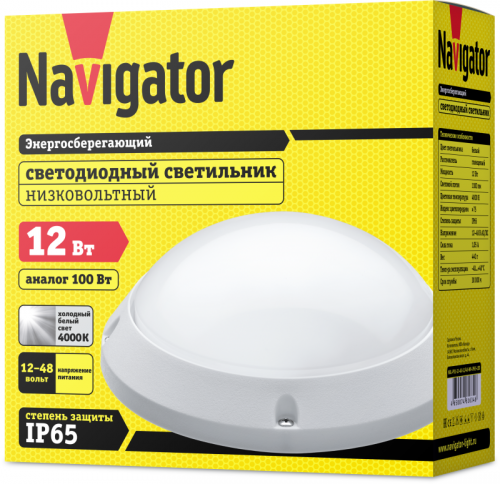 Светильник светодиодный 61 634 NBL-PR1-12-4K-12/48-WH-IP65-LED 12Вт 4000К IP65 1100лм ЖКХ низковольтный круг бел. (аналог НПП) Navigator 61634 61634