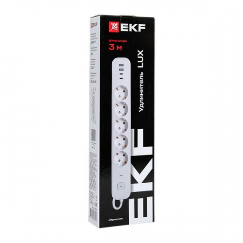 Удлинитель 5х3м IP20 2USB 2.4А+2type-C LUX 1.5кв.мм EKF UBA-LUX-503-TC UBA-LUX-503-TC