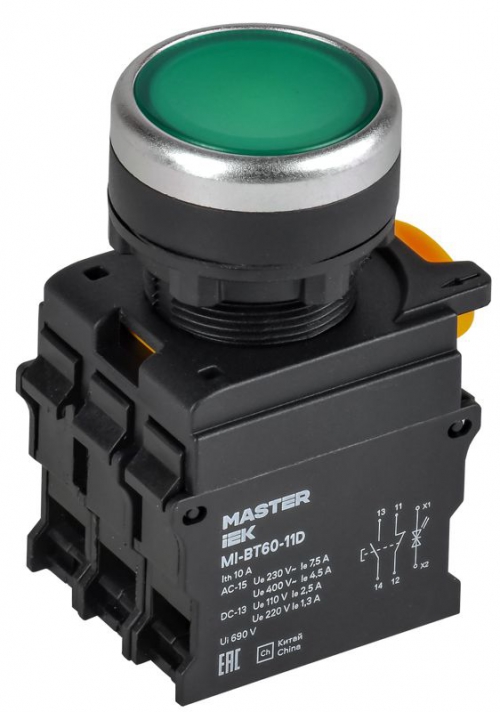 Кнопка d22мм 1НО+1НЗ MASTER с подсветкой зел. IEK MI-BT60-11D-3-12-K06 MI-BT60-11D-3-12-K06