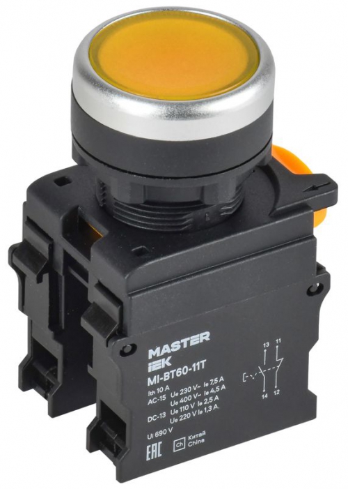 Кнопка d22мм 1НО+1НЗ MASTER с фиксацией желт. IEK MI-BT60-11T-3-21-K05 MI-BT60-11T-3-21-K05