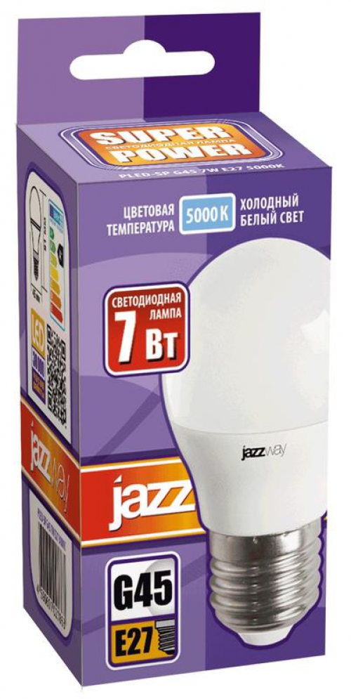 Лампа светодиодная PLED-SP-G45 7Вт шар 5000К холод. бел. E27 540лм 230В JazzWay 1027887-2 1027887-2