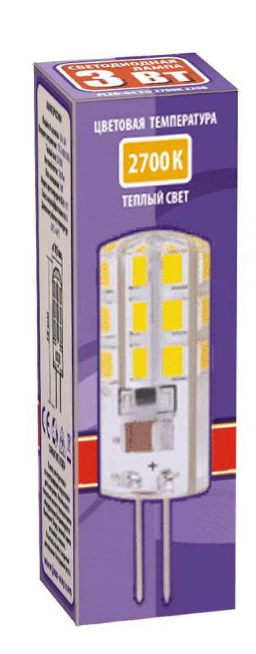 Лампа светодиодная PLED-G4 3Вт капсульная 2700К тепл. бел. G4 200лм 220-230В JazzWay 1032041 1032041