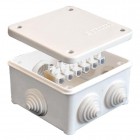 Коробка распр. ОП 85х85х45 7 выходов 3 гермоввода с клемм. 10А 6 контактов IP54 крышка на винтах бел. Epplast 130113