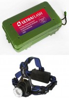 Фонарь налобный E150 (аккум. 220В CREE 3Вт пласт. бокс; черн.) Ultraflash 12188