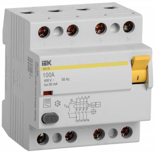 Выключатель дифф. тока (УЗО) 4п 100А 30мА тип AC ВД1-63 IEK MDV10-4-100-030 MDV10-4-100-030