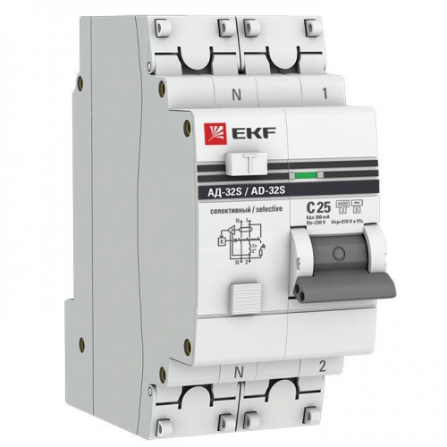 Выключатель автоматический дифференциального тока 1п+N 25А 300мА АД-32 (селективный) PROxima EKF DA32-25-300S-pro DA32-25-300S-pro
