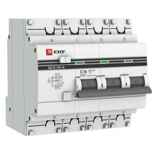 Выключатель автоматический дифференциального тока 3п+N C 16А 30мА тип AC 4.5кА АД-32 PROxima EKF DA32-16-30-4P-pro DA32-16-30-4P-pro