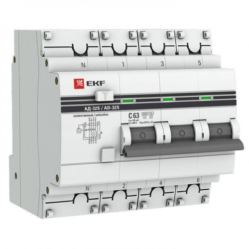 Выключатель автоматический дифференциального тока 3п+N 63А 100мА АД-32 (селективный) PROxima EKF DA32-63-100S-4P-pro DA32-63-100S-4P-pro