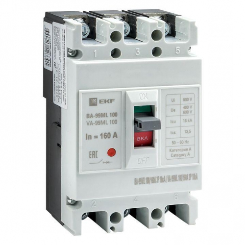 Выключатель автоматический 3п 100/160А 18кА ВА-99МL Basic EKF mccb99-100-160mi mccb99-100-160mi