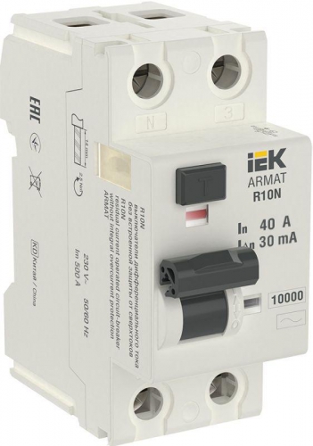 Выключатель дифференциального тока (УЗО) 2п 40А 30мА тип AC ВДТ R10N ARMAT IEK AR-R10N-2-040C030 AR-R10N-2-040C030