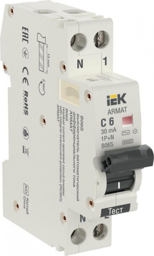 Выключатель автоматический дифференциального тока 2п C 6А 30мА тип AC АВДТ B06S 18мм ARMAT IEK AR-B06S-1N-C06C030 AR-B06S-1N-C06C030