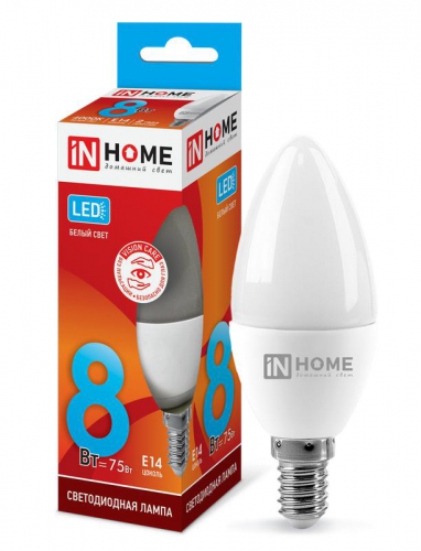 Лампа светодиодная LED-СВЕЧА-VC 8Вт свеча 4000К нейтр. бел. E14 760лм 230В IN HOME 4690612020433 4690612020433