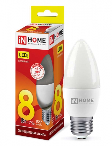 Лампа светодиодная LED-СВЕЧА-VC 8Вт свеча 230В E27 3000К 760лм IN HOME 4690612020440 4690612020440