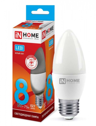 Лампа светодиодная LED-СВЕЧА-VC 8Вт свеча 4000К нейтр. бел. E27 760лм 230В IN HOME 4690612020457 4690612020457