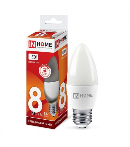 Лампа светодиодная LED-СВЕЧА-VC 8Вт свеча 230В E27 6500К 760лм IN HOME 4690612024820 4690612024820