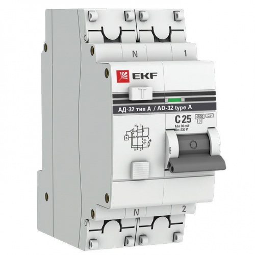 Выключатель автоматический дифференциального тока 2п (1P+N) 25А 30мА тип A АД-32 PROxima EKF DA32-25-30-a-pro DA32-25-30-a-pro