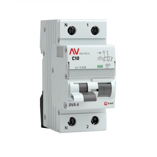 Выключатель автоматический дифференциального тока 2п (1P+N) C 10А 30мА тип AC 6кА DVA-6 Averes EKF rcbo6-1pn-10C-30-ac-av rcbo6-1pn-10C-30-ac-av