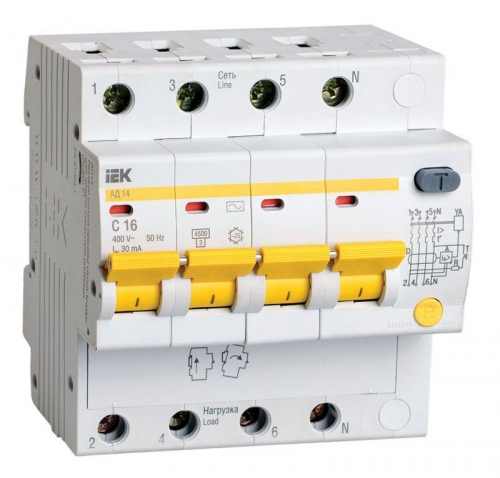 Выключатель автоматический дифференциального тока 4п C 16А 30мА тип AC 4.5кА АД-14 IEK MAD10-4-016-C-030 MAD10-4-016-C-030