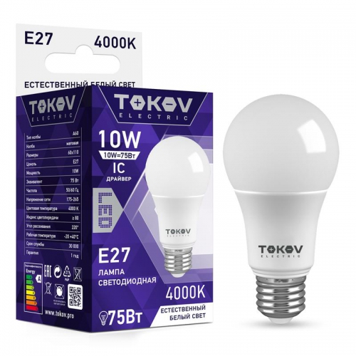 Лампа светодиодная 10Вт А60 4000К Е27 176-264В TOKOV ELECTRIC TKE-A60-E27-10-4K TKE-A60-E27-10-4K