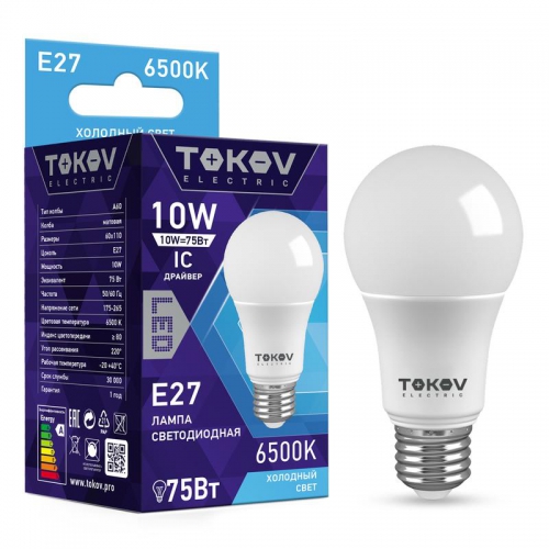 Лампа светодиодная 10Вт А60 6500К Е27 176-264В TOKOV ELECTRIC TKE-A60-E27-10-6.5K TKE-A60-E27-10-6.5K