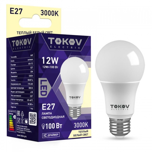 Лампа светодиодная 12Вт А60 3000К Е27 176-264В TOKOV ELECTRIC TKE-A60-E27-12-3K TKE-A60-E27-12-3K