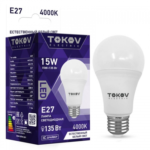 Лампа светодиодная 15Вт А60 4000К Е27 176-264В TOKOV ELECTRIC TKE-A60-E27-15-4K TKE-A60-E27-15-4K