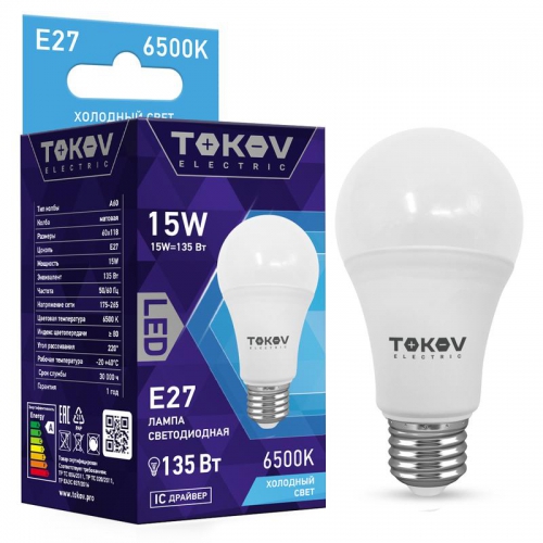 Лампа светодиодная 15Вт А60 6500К Е27 176-264В TOKOV ELECTRIC TKE-A60-E27-15-6.5K TKE-A60-E27-15-6.5K