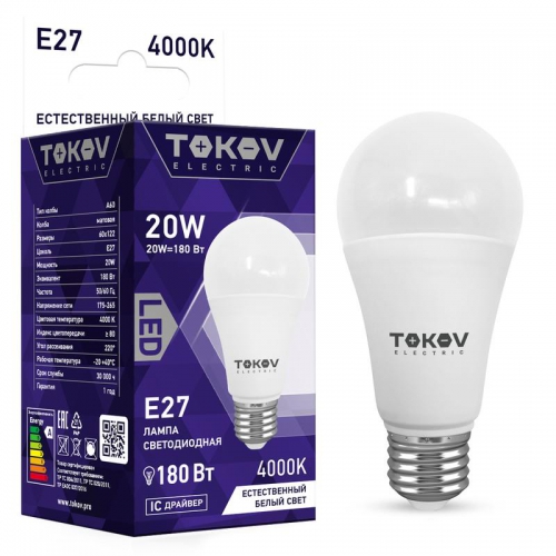 Лампа светодиодная 20Вт А60 4000К Е27 176-264В TOKOV ELECTRIC TKE-A60-E27-20-4K TKE-A60-E27-20-4K