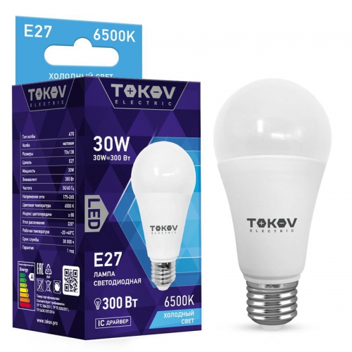 Лампа светодиодная 30Вт А70 6500К Е27 176-264В TOKOV ELECTRIC TKE-A70-E27-30-6.5K TKE-A70-E27-30-6.5K