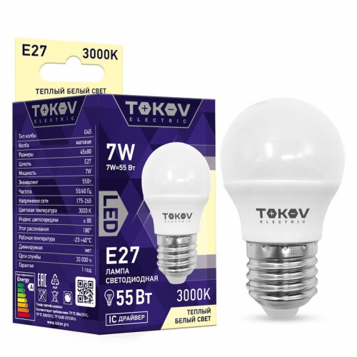 Лампа светодиодная 7Вт G45 3000К Е27 176-264В TOKOV ELECTRIC TKE-G45-E27-7-3K TKE-G45-E27-7-3K