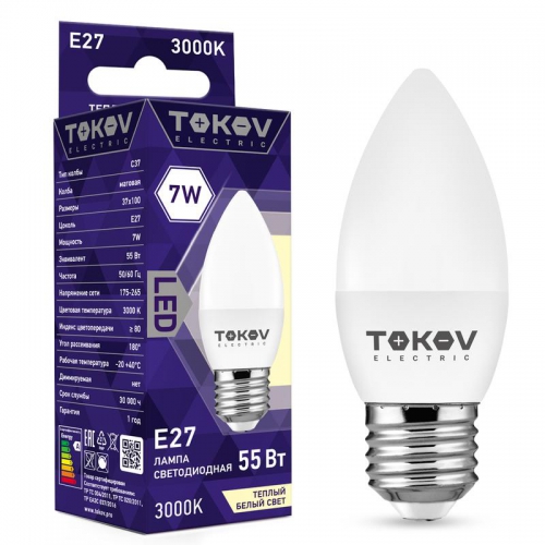 Лампа светодиодная 7Вт С37 3000К Е27 176-264В TOKOV ELECTRIC TKE-C37-E27-7-3K TKE-C37-E27-7-3K