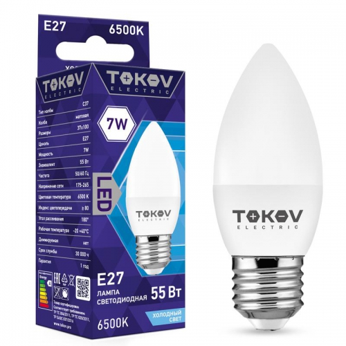 Лампа светодиодная 7Вт С37 6500К Е27 176-264В TOKOV ELECTRIC TKE-C37-E27-7-6.5K TKE-C37-E27-7-6.5K