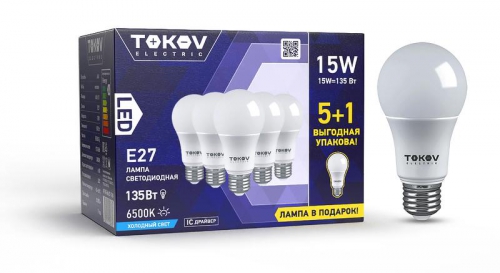 Набор ПРОМО лампа светодиодная 15Вт А60 6500К Е27 176-264В (Promo 5+1 шт) TOKOV ELECTRIC Promo-A60-E27-15-6.5K Promo-A60-E27-15-6.5K