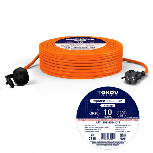 Удлинитель-шнур 1х10м без заземл. 6А IP20 2х0.75 TOKOV ELECTRIC TKE-SS10-075 TKE-SS10-075