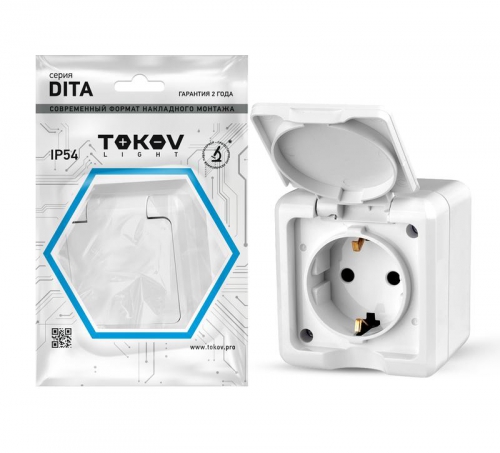 Розетка 1-м ОП Dita 16А IP54 250В с заземл. с крышкой бел. TOKOV ELECTRIC TKL-DT-R1Z-C01-IP54 TKL-DT-R1Z-C01-IP54