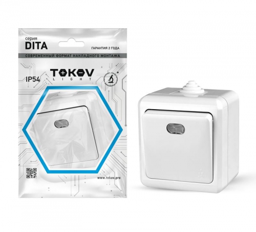 Выключатель 1-кл. ОП Dita IP54 10А 250В с индикацией бел. TOKOV ELECTRIC TKL-DT-V1I-C01-IP54 TKL-DT-V1I-C01-IP54