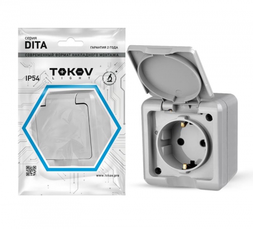 Розетка 1-м ОП Dita 16А IP54 250В с заземл. с крышкой сер. TOKOV ELECTRIC TKL-DT-R1Z-C06-IP54 TKL-DT-R1Z-C06-IP54