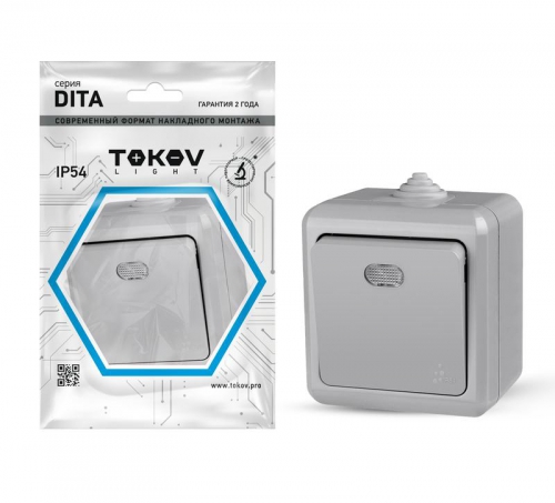 Выключатель 1-кл. ОП Dita IP54 10А 250В с индикацией сер. TOKOV ELECTRIC TKL-DT-V1I-C06-IP54 TKL-DT-V1I-C06-IP54