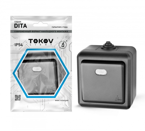 Выключатель 1-кл. ОП Dita IP54 10А 250В с индикацией карбон TOKOV ELECTRIC TKL-DT-V1I-C14-IP54 TKL-DT-V1I-C14-IP54