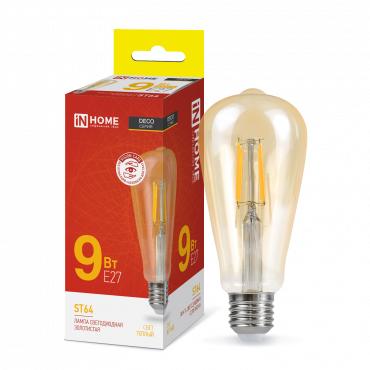 Лампа светодиодная LED-ST64-deco gold 9Вт цилиндр золотая 3000К тепл. бел. E27 1040лм 230В IN HOME 4690612035659 4690612035659