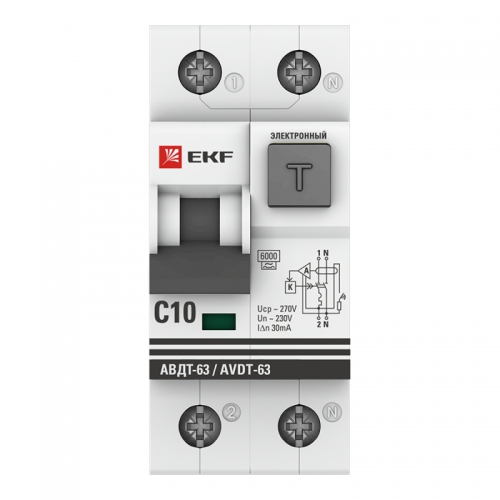 Выключатель автоматический дифференциального тока 2п C 10А 30мА тип A 6кА АВДТ-63 2мод. электрон. PROxima EKF DA63-10-30e DA63-10-30e