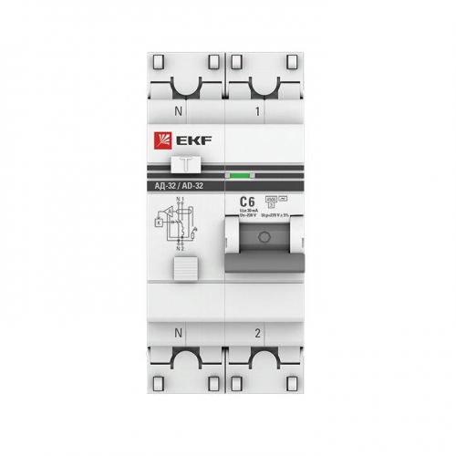 Выключатель автоматический дифференциального тока 2п (1P+N) C 6А 30мА тип AC 4.5кА АД-32 защита 270В электрон. PROxima EKF DA32-06-30-pro DA32-06-30-pro