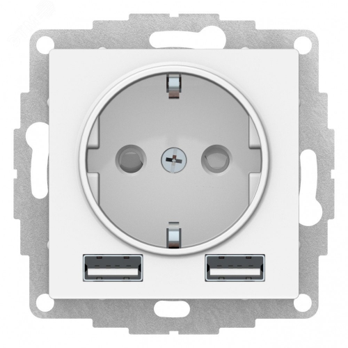 Розетка 1-м СП AtlasDesign 16А IP20 с 2-мя заряд. устройствами USB тип A+A 5В/2.4А 2х5В/1.2А механизм бел. SE ATN000130 ATN000130